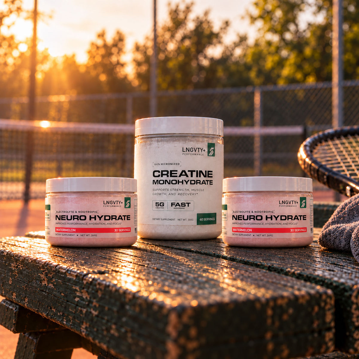 Hydration + Strength Stack with two Neuro Hydrate tubs and one Creatine Monohydrate tub