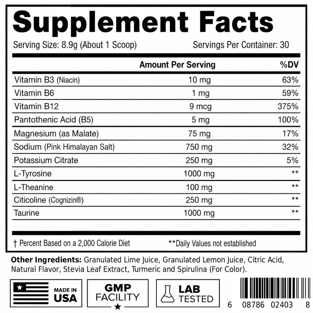 Neuro Hydrate Supplement Facts — Lemon Lime