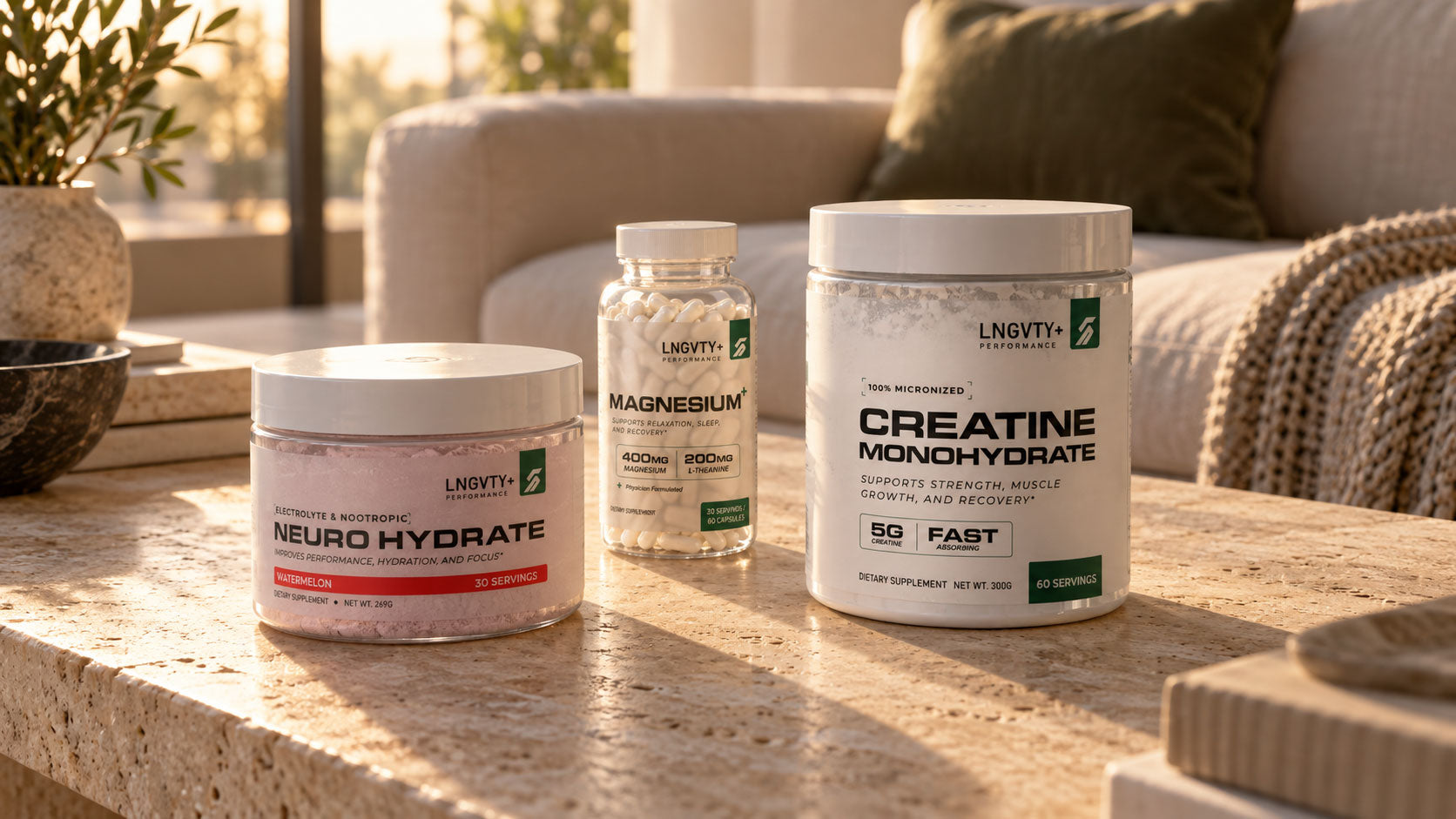 Neuro Hydrate, Creatine Monohydrate, and Magnesium+ in a sunlit living room