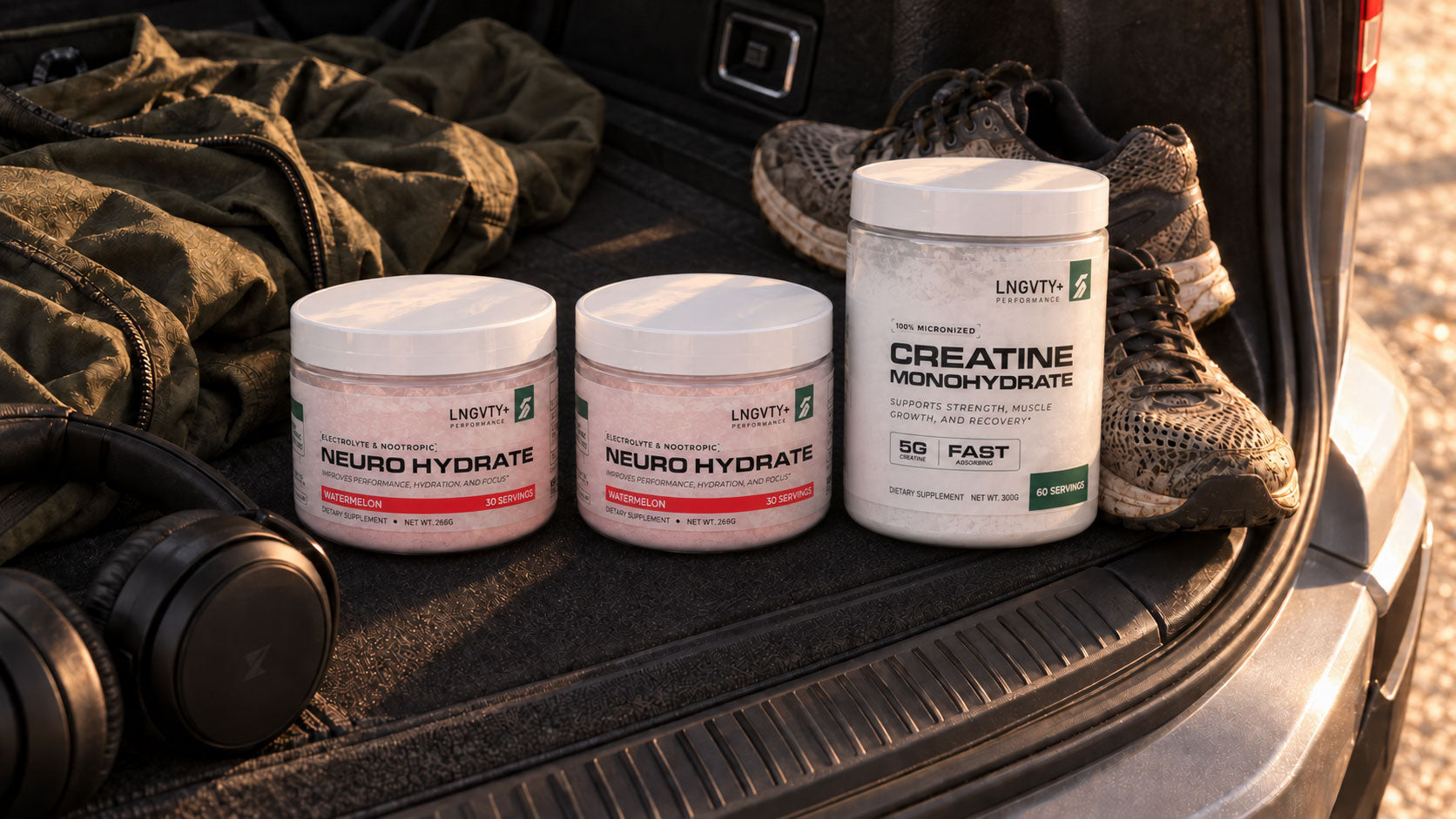 Two Neuro Hydrate tubs and one Creatine Monohydrate tub packed for travel