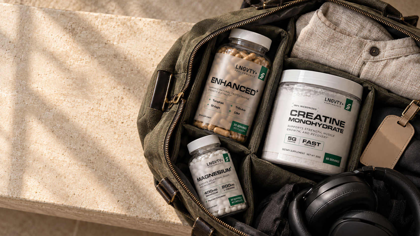 Enhanced+, Magnesium+ and Creatine Monohydrate packed in a performance duffel bag