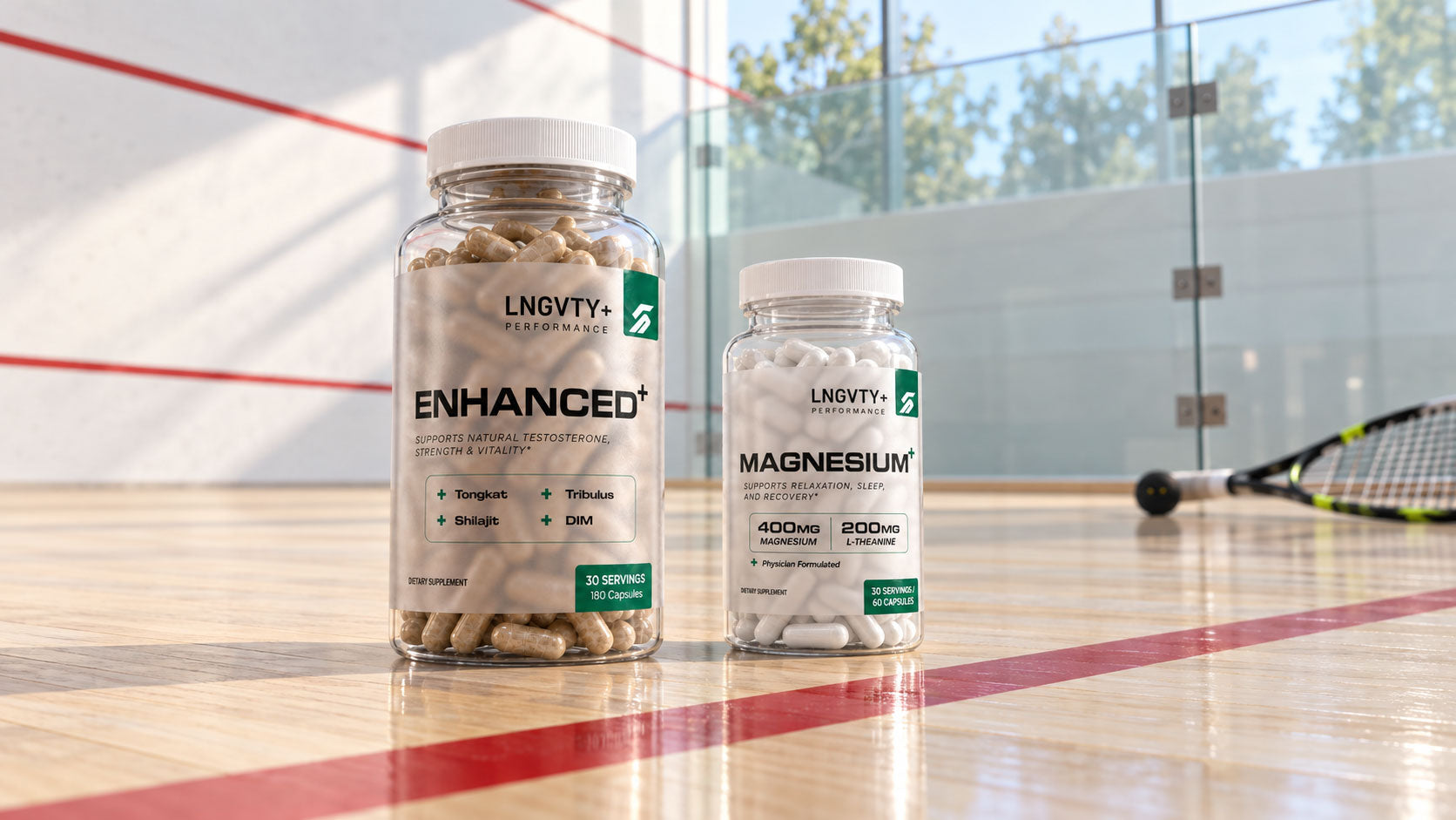 Enhanced+ and Magnesium+ bottles standing on an indoor squash court