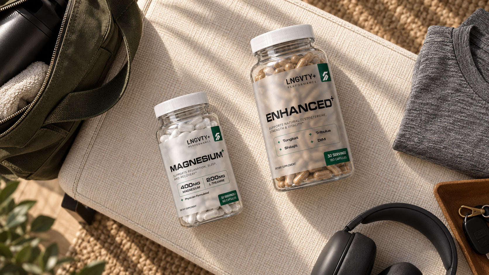 Enhanced+ and Magnesium+ arranged with training and travel essentials