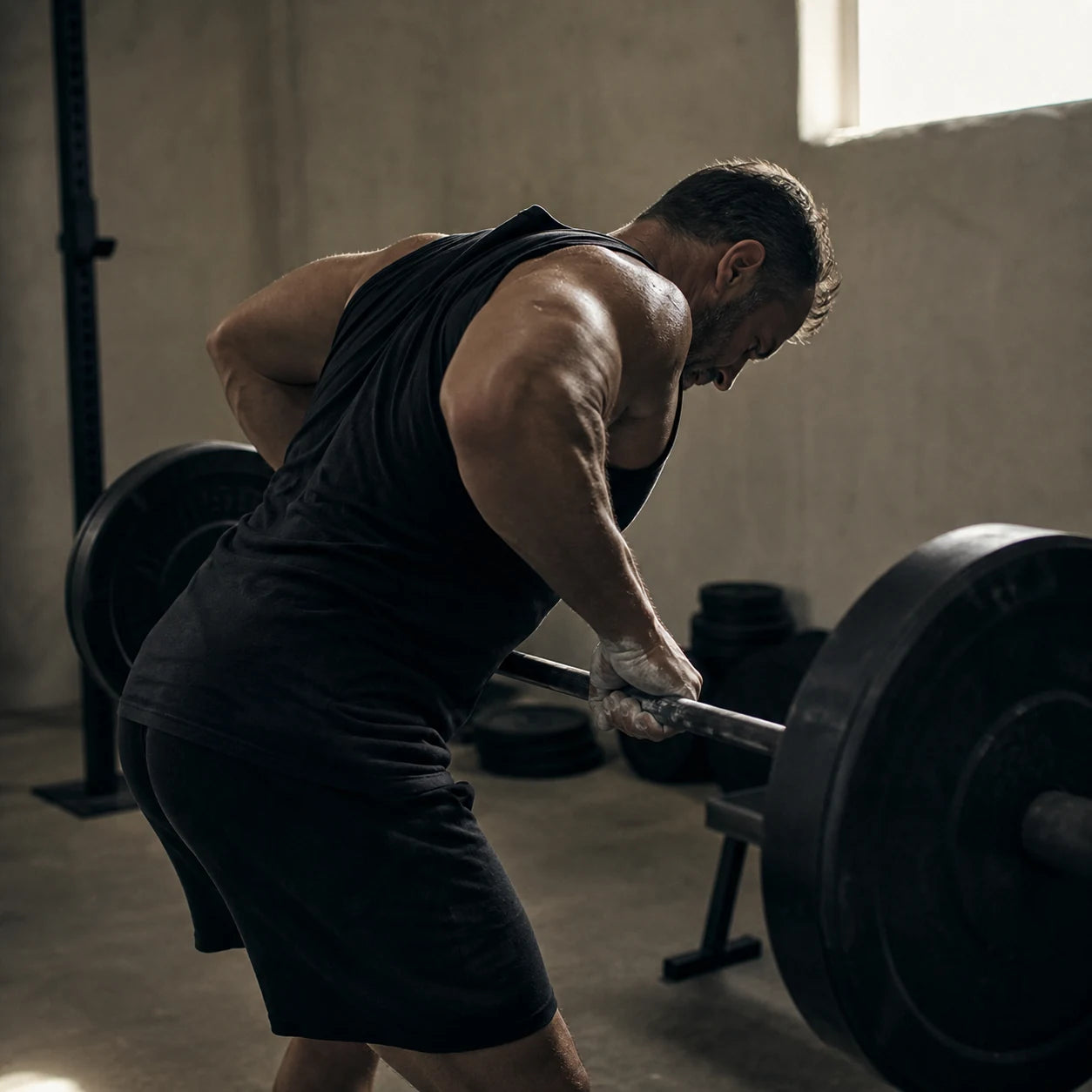 A middle-aged man strength training with a barbell