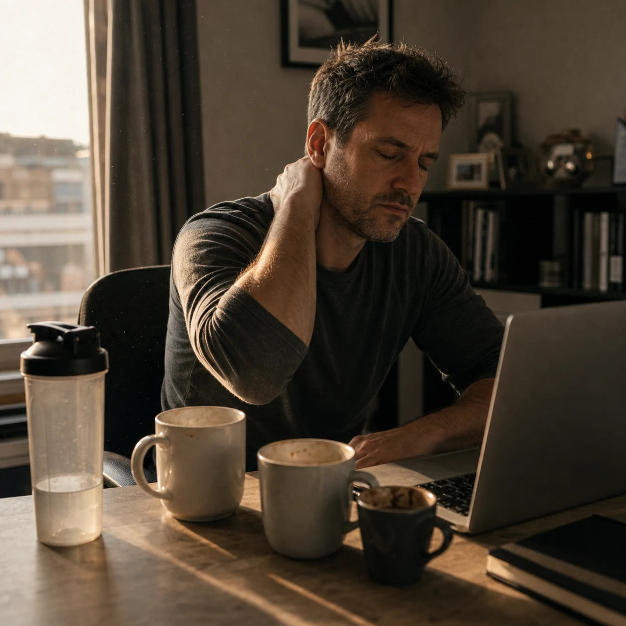 A tired man at his desk beside coffee cups and a shaker