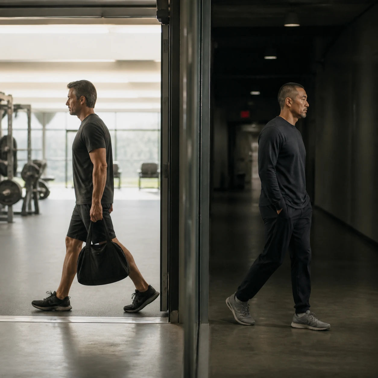 Two different men choosing opposite directions at a gym doorway